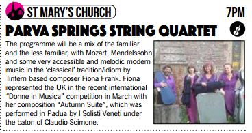 Monmouth Festival 2016- mention of Parva Springs String Quartet programme which included 